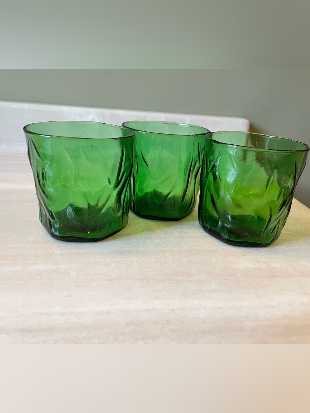 Circa 1960s Set of 3 Green Textured Glasses